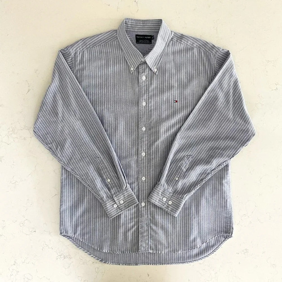 Tommy Hilfiger LS Striped Button Down 100% Cotton Shirt Blue + White Sz XL - Picture 1 of 12